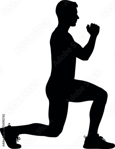 Silhouette of a man performing a forward lunge exercise for fitness