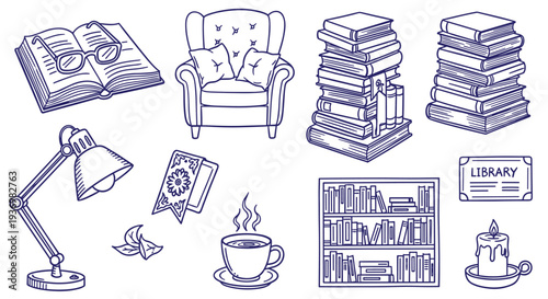 Cozy Reading Nook Elements Including Books Armchair Lamp Coffee Candle and Library Sign