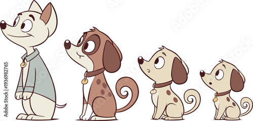 Four cartoon dogs in various poses and expressions vector illustration