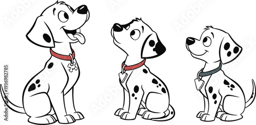 Coloring page Three cartoon dalmatian puppies wearing collars and sitting vector illustration