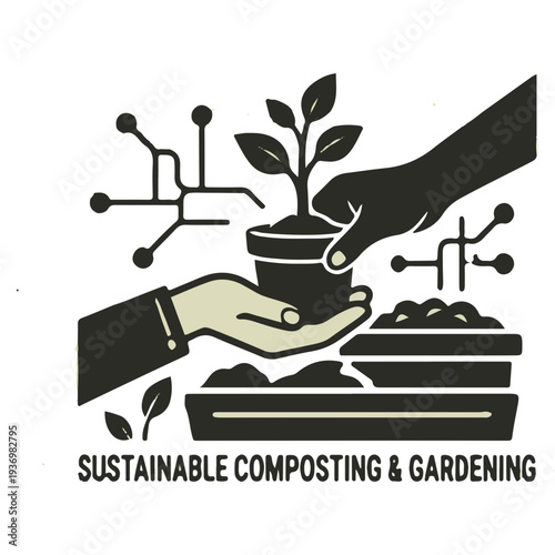 Sustainable composting and gardening concept with hands holding plant