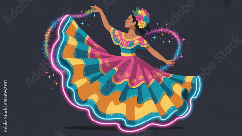 Vibrant latin dancer in colorful traditional dress dancing dynamically with neon lights and sparkles on dark background