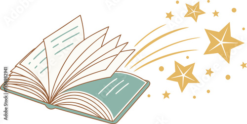 Coloring book landscape Open book with green cover and stars flying out of pages vector illustration