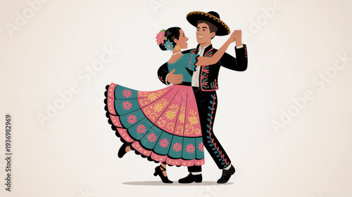 Couple dancing traditional mexican mariachi dress man in charro suit woman in colorful skirt festive atmosphere cultural celebration latin american dance