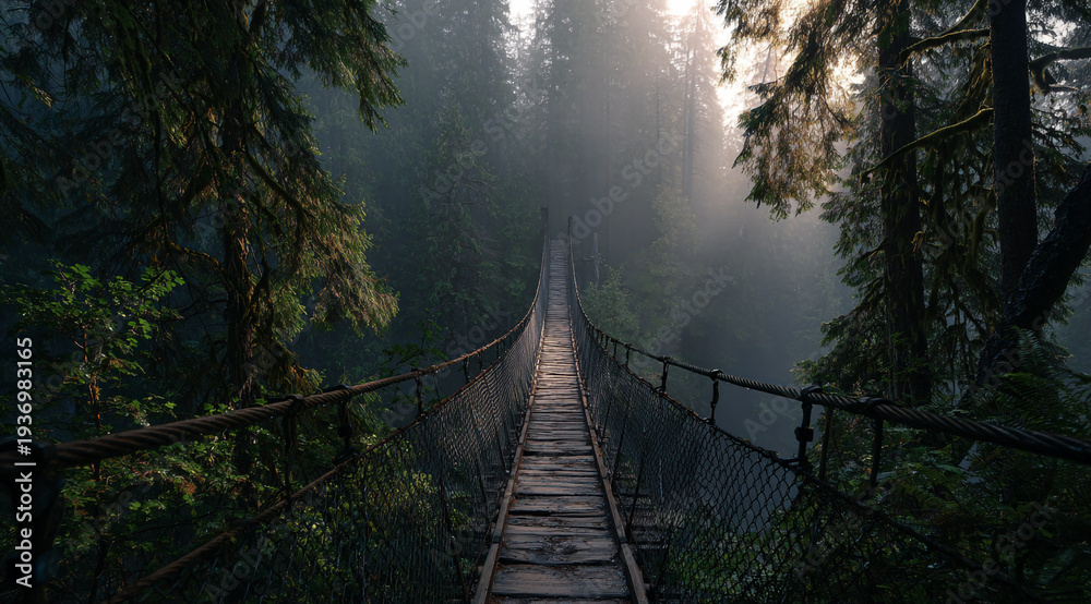 Fototapeta premium A weathered wooden rope bridge vanishes into a dense, ethereal fog. The deep blue tones and lush jungle foliage create a mysterious, cinematic atmosphere of silent exploration. 