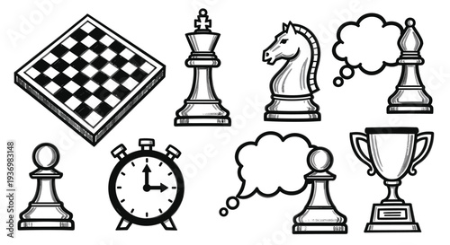 Collection of chess pieces and elements for strategic board game play and competition