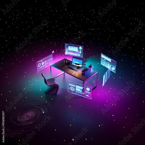 Futuristic gaming workspace in outer space with neon lights and digital holographic screens