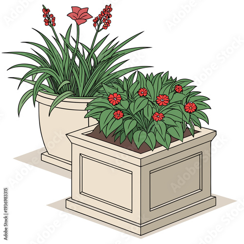 Potted plants with red flowers and green leaves planters
