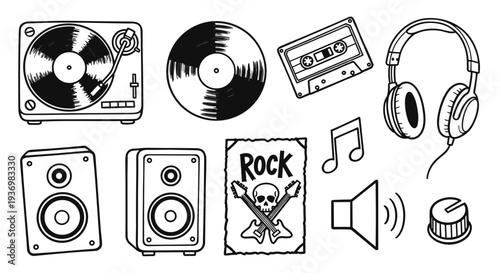 Vintage music equipment and symbols collection for rock and roll enthusiasts and retro audio lovers
