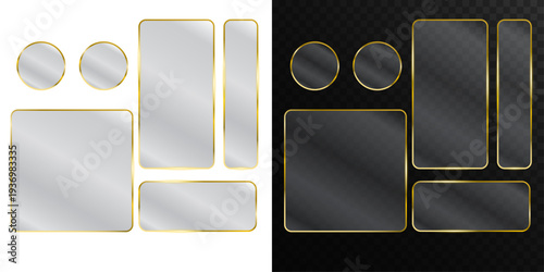 PNG glass frame isolated on transparent background. Golden glass banner and gold glass panel with glowing glitter effect. Luxury design element for professional banners and art.