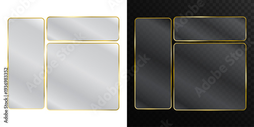 Glowing golden glass frames in various shapes. PNG transparent glass with glitter gold border for luxury banners, photo frames, and elegant UI design elements. Vector graphics.