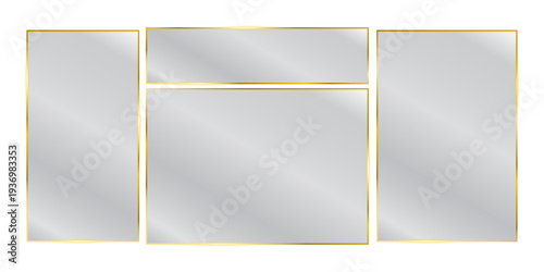 PNG golden frame with glass effect and glitter gold borders. Vector transparent glass isolated on transparent background for luxury photo frames and elegant banner designs.