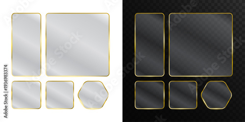 Collection of luxury golden glowing glass frames on transparent background. PNG glass panels with gold borders for elegant banners, photo frames, and decorative UI graphics.