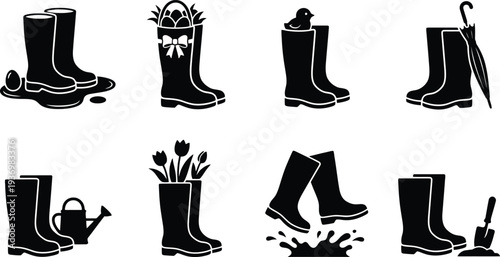 Creative vector illustrations of rubber boots in various gardening and spring themes