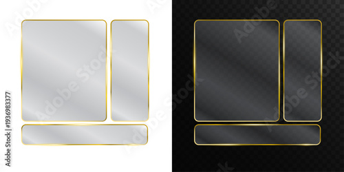 Gold photo frame with glass effect and golden glow on transparent background. PNG isolated glass banner and gold glass panel for luxury UI design and decorative projects.