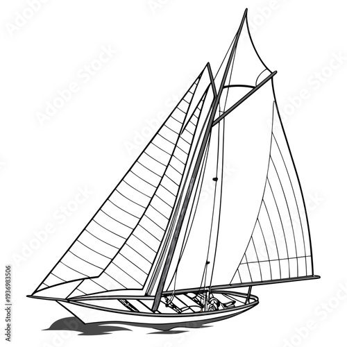 Black and white sailing cruiser boat with two sails