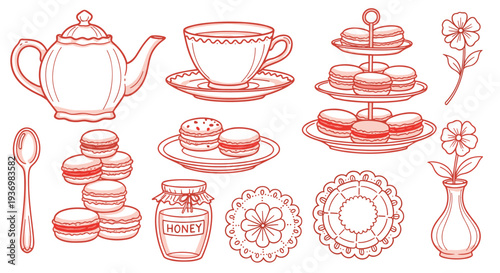 Delicate hand drawn illustration of a tea set with macarons and flowers perfect for a charming cafe or bakery advertisement