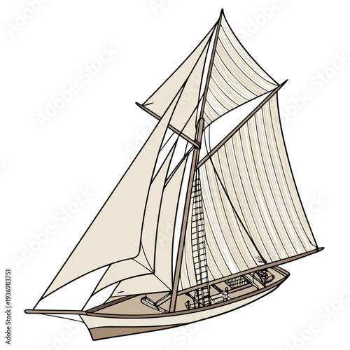 Vintage sailing cruiser boat with beige sails sailboat