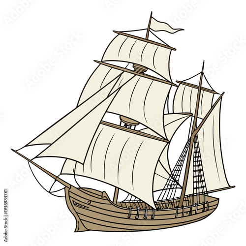 Vintage sailing ship with white sails and brown hull