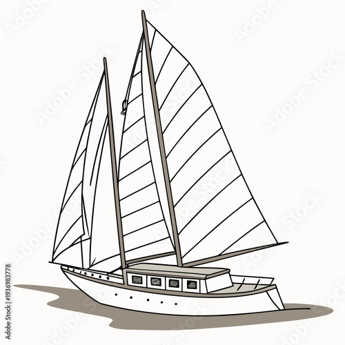 White sailboat with two masts and brown trim on water
