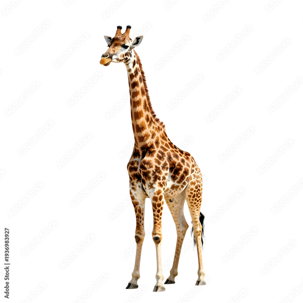 Naklejka premium Giraffe with patterned coat standing tall on a white background