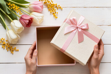 Women hands opening elegant gift box with pink ribbon and spring flowers on white wooden background. Mother's Day and 8 March concept