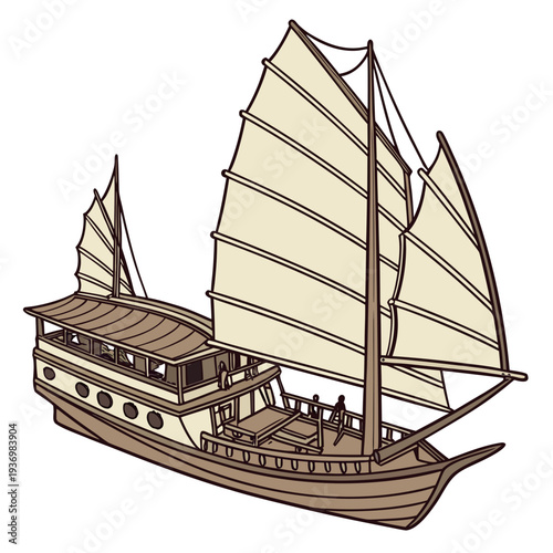 Brown and beige tourist cruise ship with sails boat