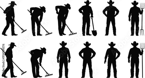 Farmer worker silhouettes with rake, shovel and pitchfork tools, rural agriculture labor characters collection isolated for farming activities