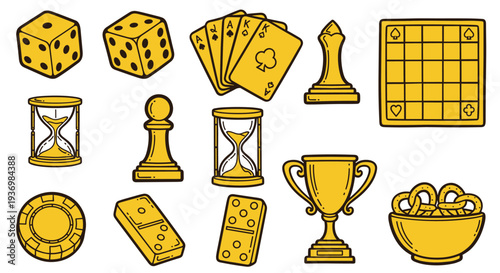 Collection of golden game and leisure icons including dice hourglass cards chess pieces trophy and dominoes on white background