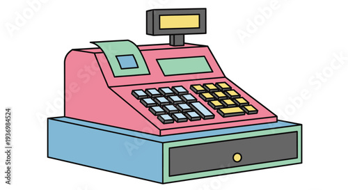 Cash Register Illustration with Keypad and Display.