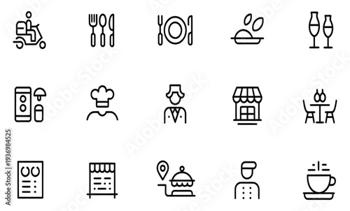 Catering restaurant service, cutlery and food delivery icons set, thin line vector illustrations of food, plates, forks, knives, spoons, and delivery symbols