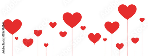 Vibrant Red Heart Flowers on Thin Stems, vector illustration featuring a playful horizontal arrangement on white background, minimalist design perfect for romantic designs, Valentine’s cards, 