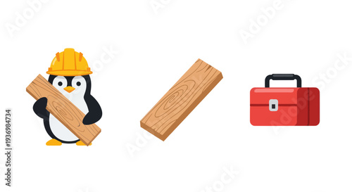 Penguin in hard hat holding plank.