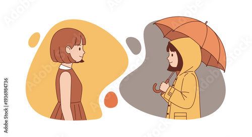 Two Women Standing with Umbrella Illustration.