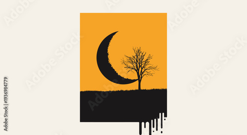 Minimalist Tree Silhouette with Crescent Moon.