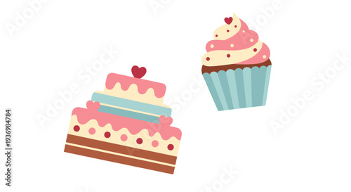 Colorful Cartoon Cakes and Cupcakes Illustration.