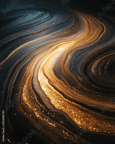 Golden Veins of Elegance: An abstract visual, where shimmering gold veins traverse through deep blue and black, creating an impression of liquid metal, offering a rich and mesmerizing aesthetic
