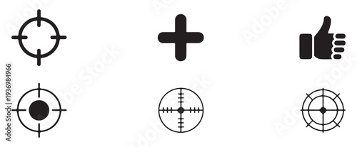 Plus, Like Button, Gallery Image, Bullseye Target, Wheel and Sun. vector illustration eps 10