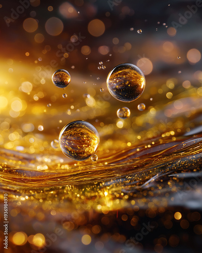 Liquid Gold: Delicate bubbles float amidst swirling liquid gold, illuminated by a warm, ethereal glow. A captivating abstract composition that evokes feelings of luxury and natural beauty.