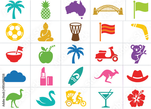 Colorful travel and culture icon collection featuring Australia symbols including kangaroo, koala, boomerang, Sydney bridge, tropical plants, food,
