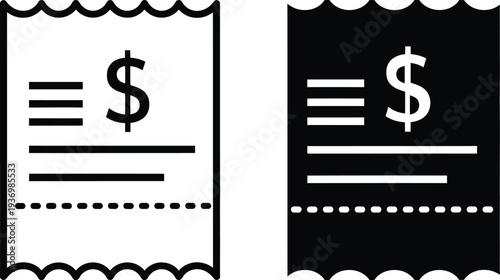 Line art and solid icon receipt set featuring a dollar sign and itemized lines for online shopping and financial transactions