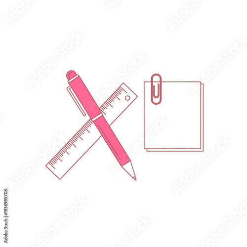 Minimalist pink pen, ruler, and paper with paperclip line art illustration. Office and school stationery supplies concept.