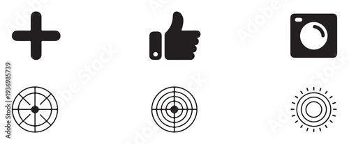 Plus, Like Button, Gallery Image, Bullseye Target, Wheel and Sun. vector illustration eps 10