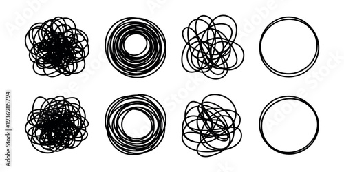 Black scribbled circles and solid rings on white background scribbles