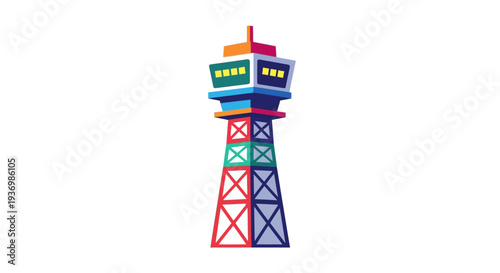 Illustration of a colorful air traffic control tower with windows and lights against a white background