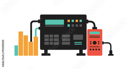 Abstract representation of a sophisticated industrial machine with a digital display and data charts showcasing advanced technology