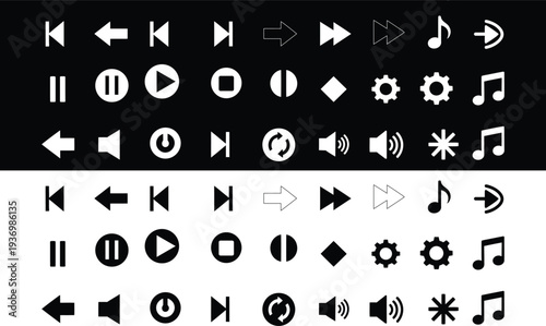 Media player icon set in black and white