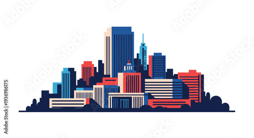 Vibrant abstract city skyline illustration featuring modern urban architecture and diverse contemporary buildings