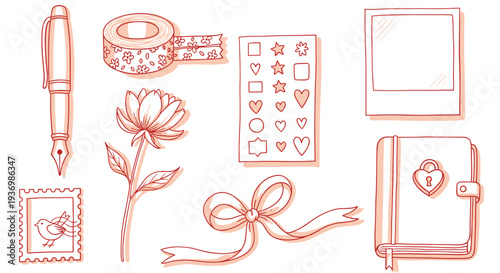 Hand drawn doodle elements for journaling and scrapbooking including a pen flower stickers tape and diary in a sketch style