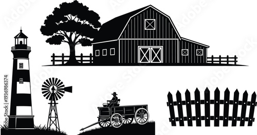 Rural countryside farm silhouettes set with barn, lighthouse, windmill, wooden fence and vintage tractor wagon agricultural landscape elements